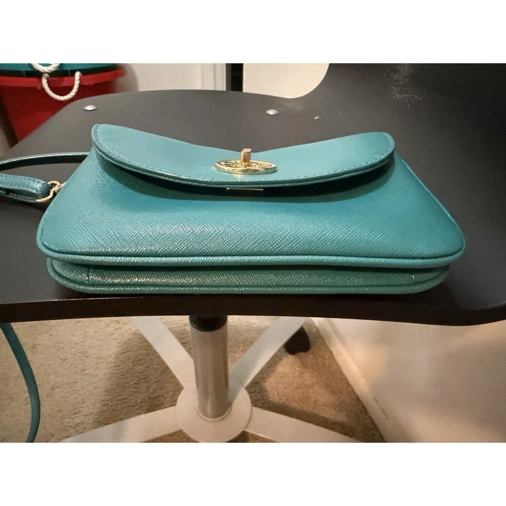 Tory Burch Robinson Turquoise Turn Lock Clutch Crossbody Bag Gold Hardware